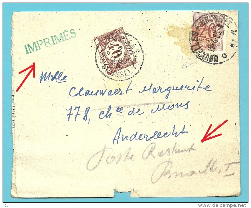 851 Op Drukwerk -imprime (manchon) Met Stempel BRUXELLES, Getaxeerd Voor "Poste Restante" Met TX 37 Met Stempel BRUSSEL - 1951-1975 Heraldieke Leeuw