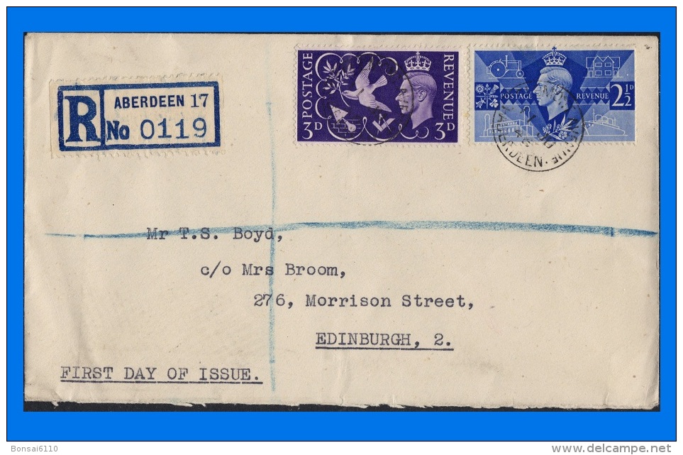 GB 1946-0001, Victory Registered FDC Aberdeen Cancel - ....-1951 Pre Elizabeth II