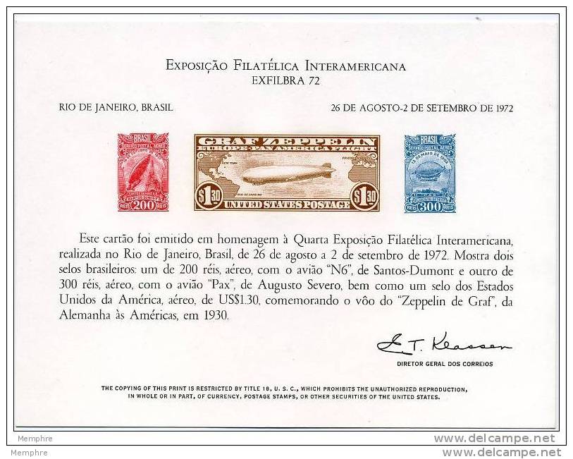 USPS Official 1972 EXFILBRA  Interamerican  Exhibition Souvenir Card-  Zeppelin - Philatelic Exhibitions