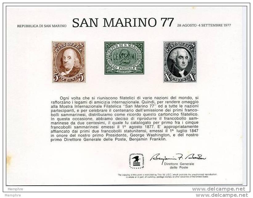 USPS Official 1977 SAN MARINO  International  Stamp Exhibition   Souvenir Card- - Philatelic Exhibitions