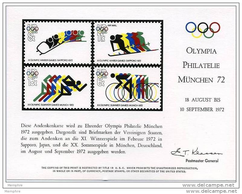 USPS Official 1972 Olympic Philiately International Exhibition Munich, Germany   Souvenir Card - Recordatorios