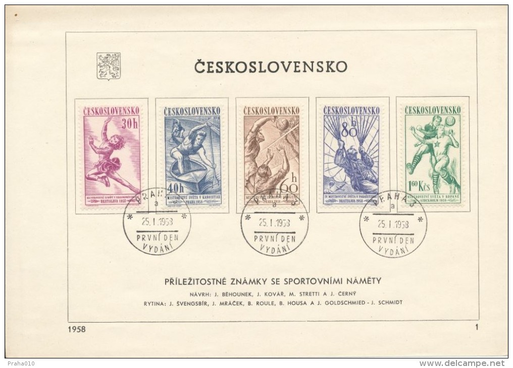 Czechoslovakia / First Day Sheet (1958/01) Praha 3 (a): Sport (figure Skating, Canoeing, Volleyball, Skydiving, Soccer) - 1958 – Suède