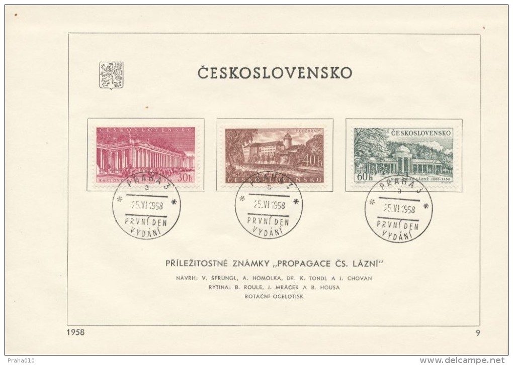 Czechoslovakia / First Day Sheet (1958/09) Praha 3 (a): Czech. Spa - Karlovy Vary, Podebrady, Marianske Lazne, ... - Thermalisme