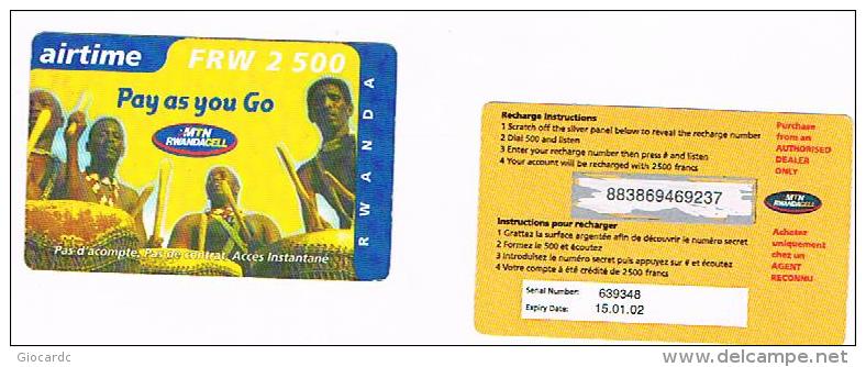 RWANDA  -  MTN RWANDACELL (GSM RECHARGE) -  DRUMS 2500 EXP.15.01.02      - USED   -  RIF.  830 - Rwanda