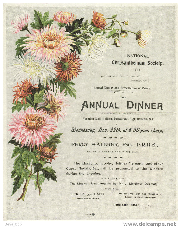 Victorian Flier National Chrysanthemum Society Annual Dinner 1899 Garden Flower Replica - Programs