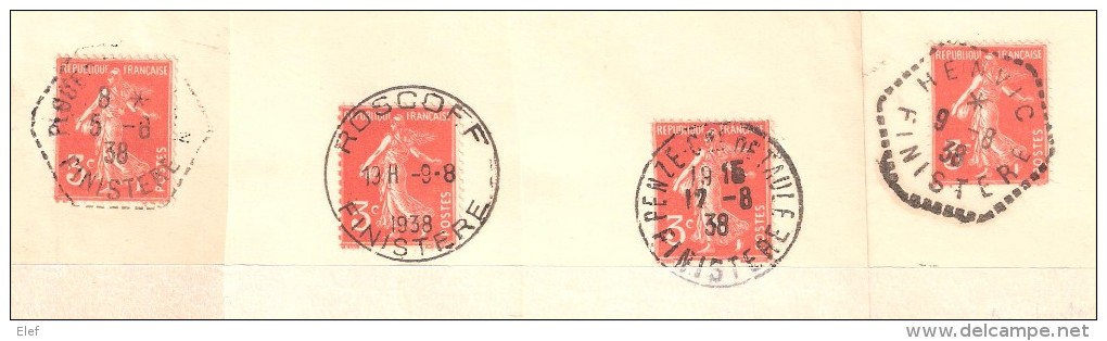 Cachet Du FINISTERE Sur 4 Semeuse 3 C N° 278 A : HENVIC, Penze Taule,Horoplan Roscoff,1938, Sur Grand Fragment, SUPERBES - Other & Unclassified