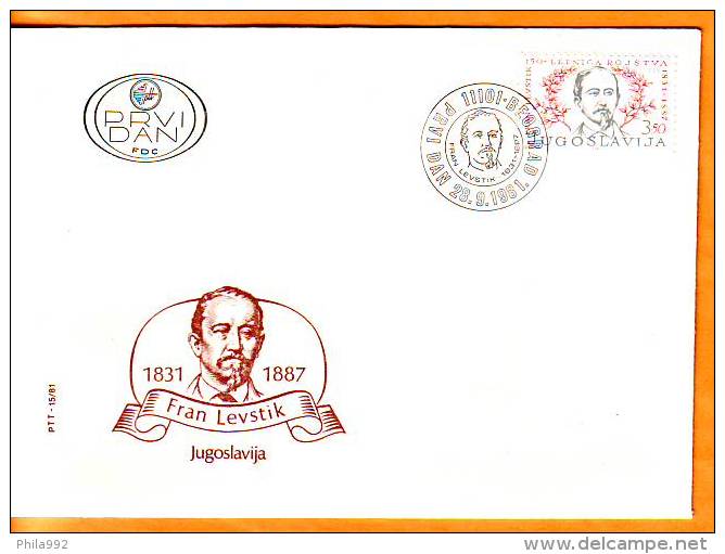 Yugoslavia 1981 Y FDC Famous Persons Fran Levstik Mi No 1900 Postmark Beograd  28.09.1981. - FDC