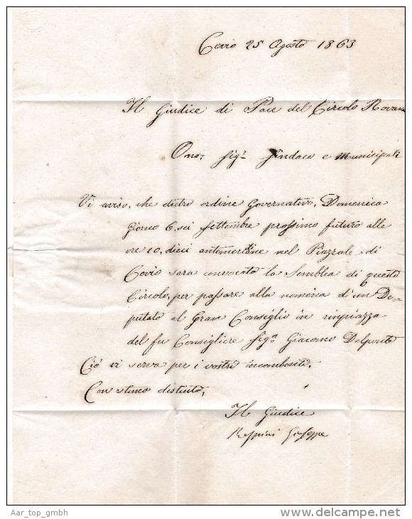 Heimat TI CEVIO 1863-08-25 Strahlenstempel Amtlich Brief Mit Inhalt Nach Cavergno - ...-1845 Vorphilatelie