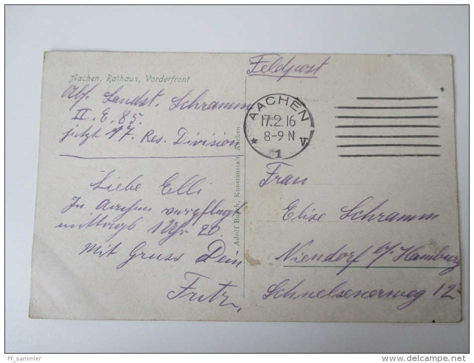 AK / Bildpostkarte Feldpost 1916 Aachen Rathaus Vorderfront Verlag Adolf Busch, Kunstalstalt Aachen - Aachen