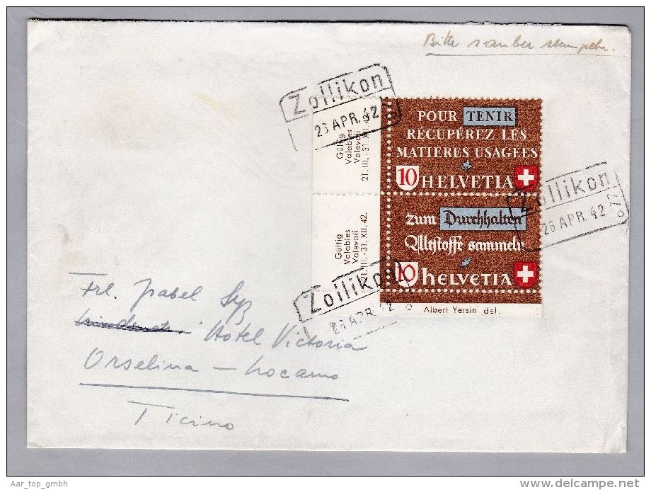 Heimat ZH ZOLLIKON 1942-04-26 Bahnstations-stempel Auf Brief Nach Orselina - Covers & Documents