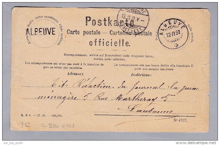 Heimat  FR ALBEUVE 1892-06-12 Postkarte Nach Lausanne Absender Langstempel Der Poststelle - Brieven En Documenten