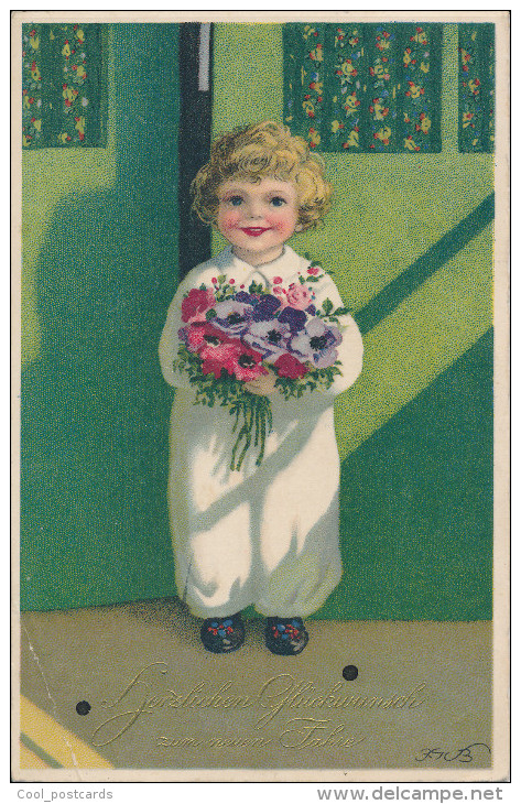 BAUMGARTEN, CHILDREN, BIRTHDAY, LITTLE BOY WITH FLOWERS, Near EX Cond. PC, Used,  1938, SIGNED - Baumgarten, F.