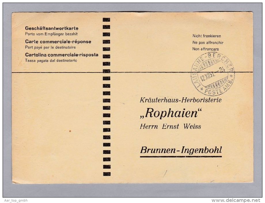 Heimat Bahnlinie Lausanne-Bercher 1951-12-12 L24 Auf Geschäftskarte - Vrijstelling Van Portkosten