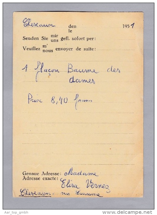 Heimat Bahnlinie Lausanne-Bercher 1951-12-12 L24 Auf Geschäftskarte - Vrijstelling Van Portkosten