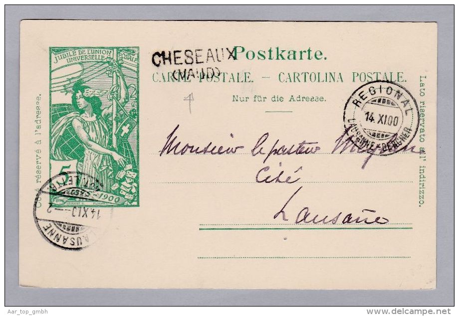 Heimat Bahnlinie Lausanne-Bercher 1900-11-14 Auf 5p UPU GS CHESEAUX (VD) Bahnwagen Vermerk - Storia Postale