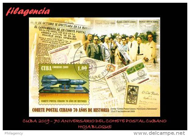 USADOS. CUBA. 2009-33 70 ANIVERSARIO DEL COHETE POSTAL CUBANO. HOJA BLOQUE - Oblitérés