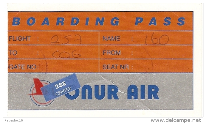 Carte D'embarquement / Boarding Pass : Onur Air [France - Turquie - 1997] - Europe