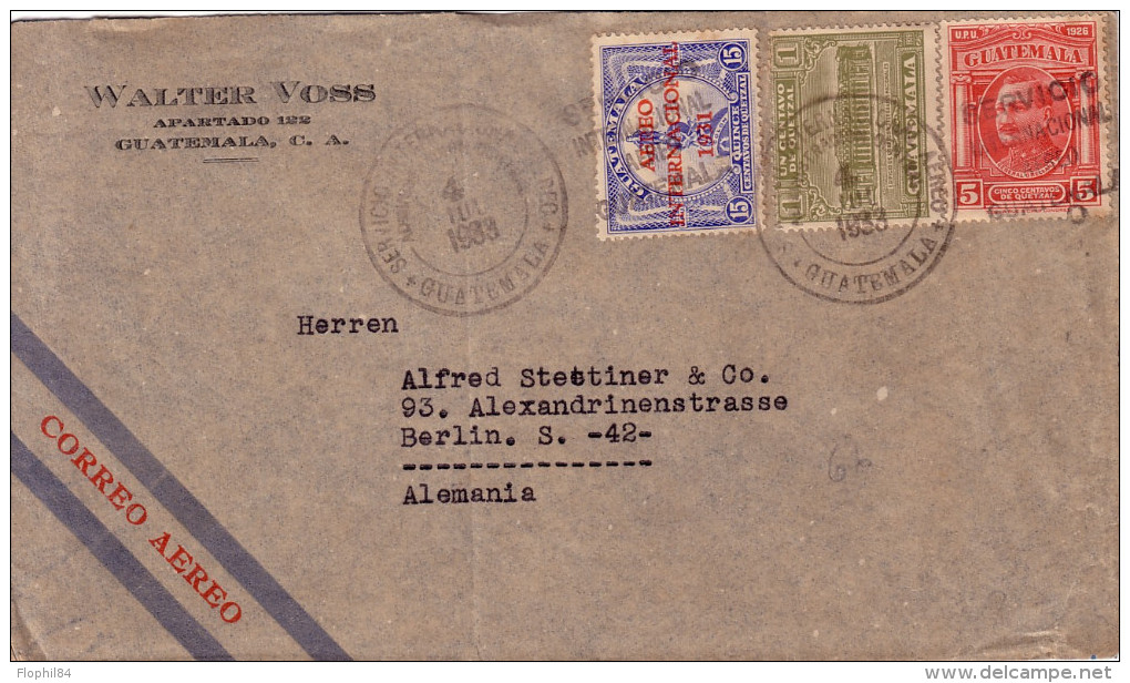 GUATEMALA - LETTRE AERIENNE POUR L´ALLEMAGNE  LE 4-7-1933. - Guatemala