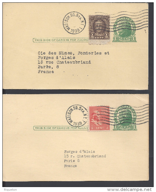 ETATS-UNIS - 1939 -  DEUX CARTES ENTIERS  POSTAUX, AVEC COMPLEMENT D´AFFRANCHISSEMENT, DE MADISON SQUARE POUR PARIS - - 1921-40