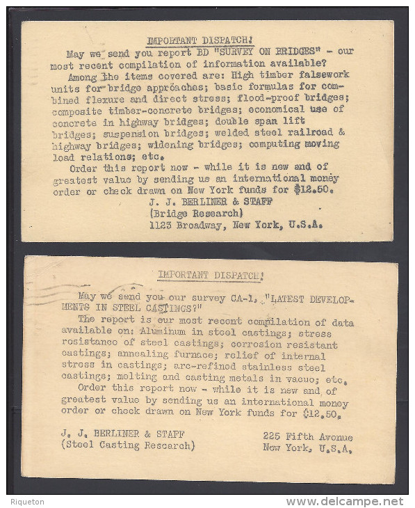 ETATS-UNIS - 1939 -  DEUX CARTES ENTIERS  POSTAUX, AVEC COMPLEMENT D´AFFRANCHISSEMENT, DE MADISON SQUARE POUR PARIS - - 1921-40