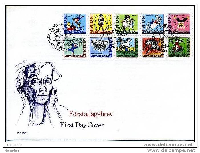 SWEDEN 1987 FDC  Illustrations Of Children Novels A. Lindgren  Scott 1631-40  Mi Nr 1431-40 - FDC