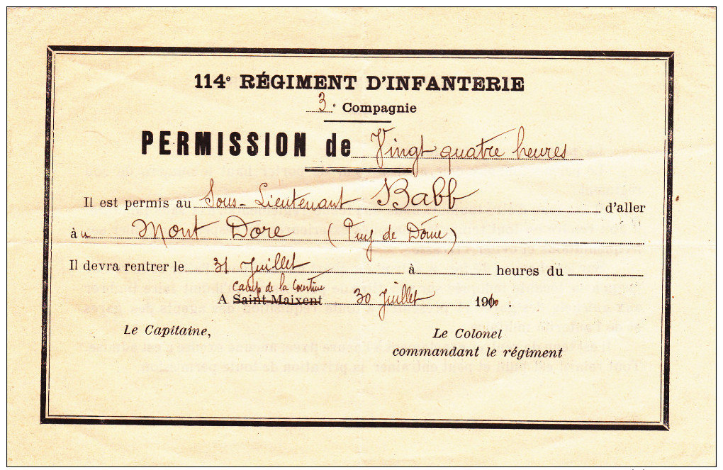 Permission Militaire 114è Régiment D'infanterie - 30 Juillet 1010 - Documents