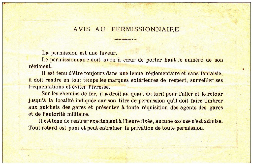 Permission Militaire 114è Régiment D'infanterie - 30 Juillet 1010 - Documents