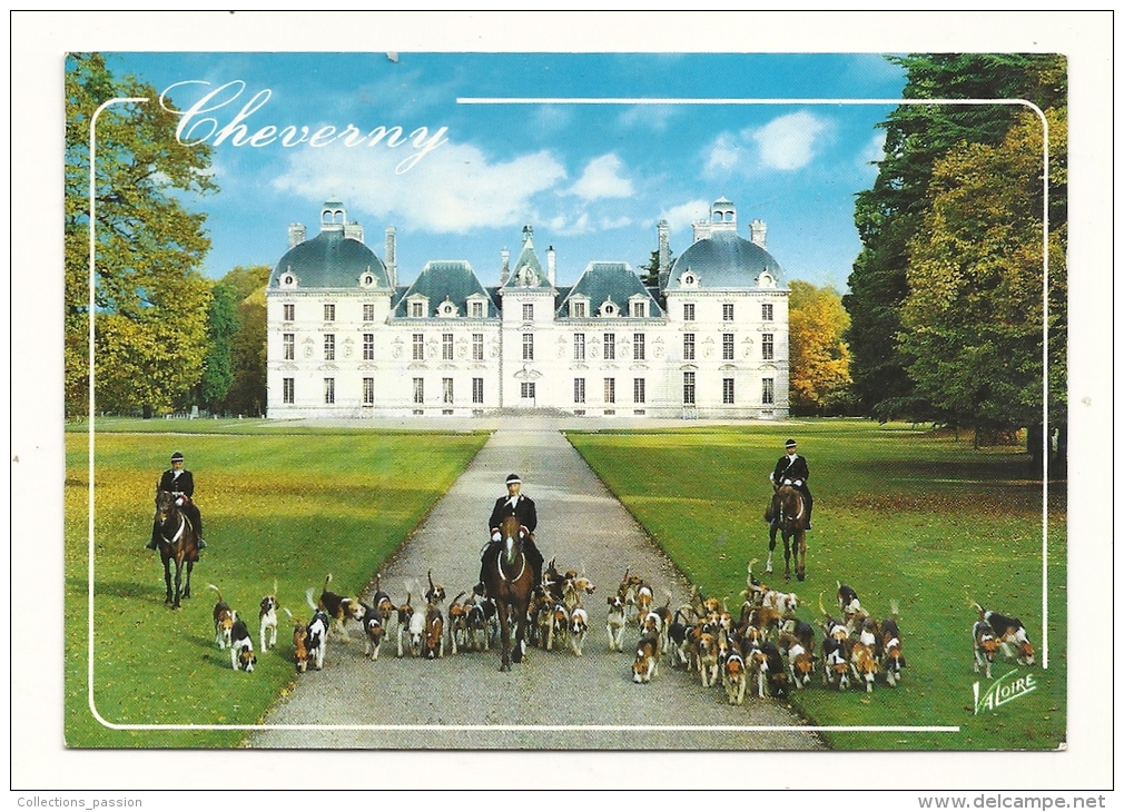 Cp, Chasse à Courre, Cheverny (41) - Les Piqueux Et La Meute De L´Equipage De Cheverny Devant Le Château, écrite - Caccia