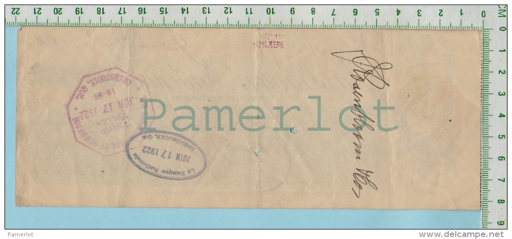 Cheque 1922 Avec Timbre FWT8 War Tax  2 Cent Banque Nationale Sherbrooke P. Quebec Canada - Cheques & Traveler's Cheques