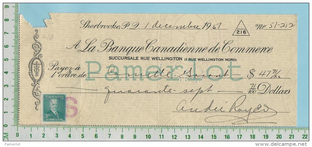 Cheque 1951 Avec Timbre #303 3 Cents BanqueCanadienne De Commerce Sherbrooke P. Quebec Canada - Chèques & Chèques De Voyage