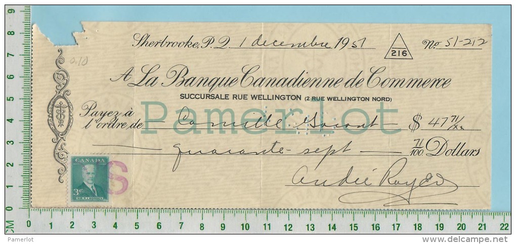 Cheque 1951 Avec Timbre #303 3 Cents BanqueCanadienne De Commerce Sherbrooke P. Quebec Canada - Cheques & Traverler's Cheques