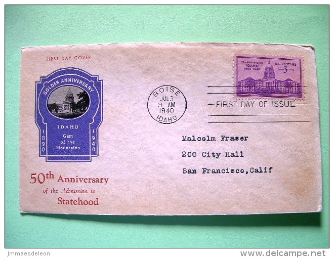 USA 1940 FDC Cover - 50 Aniv. Idaho - Boise Capitol - Brieven En Documenten