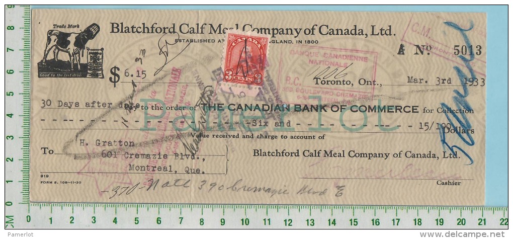 Toronto Cheque 1933 Avec Timbre #167 3 Cents Blatchford Calf Meal Co. Ontario Ont.  Canada - Chèques & Chèques De Voyage