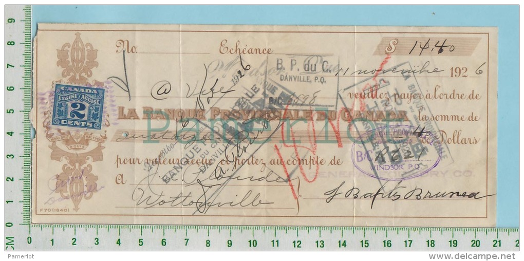 Cheque 1926 Avec TimbreTaxe FX36 2 Cents Banque Provinciale  Danville P. Quebec  Canada - Chèques & Chèques De Voyage