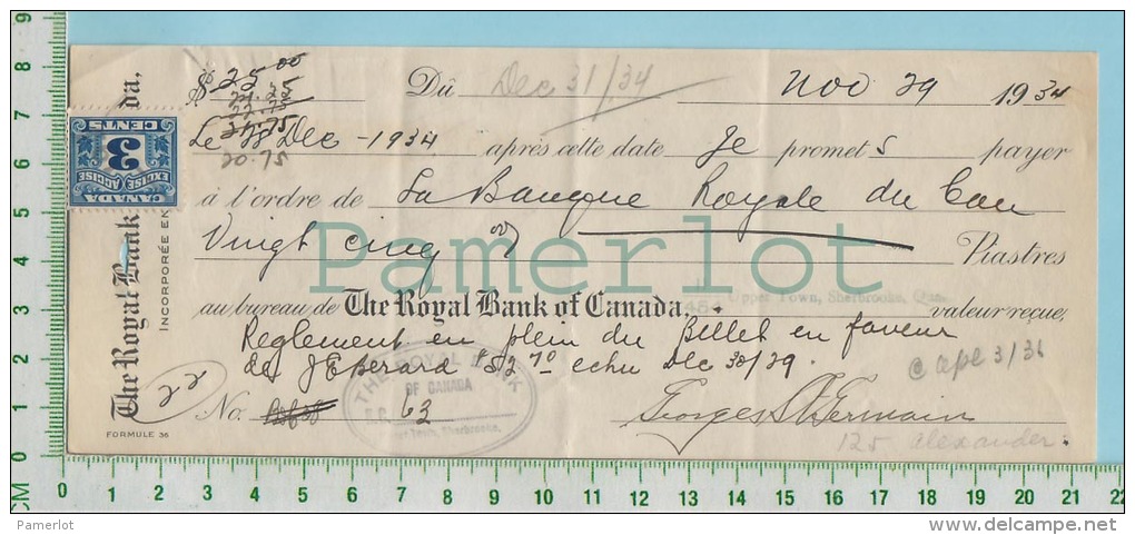 Billet 1934 Avec TimbreTaxe FX38  Banque Royale Du  Canada - Cheques En Traveller's Cheques