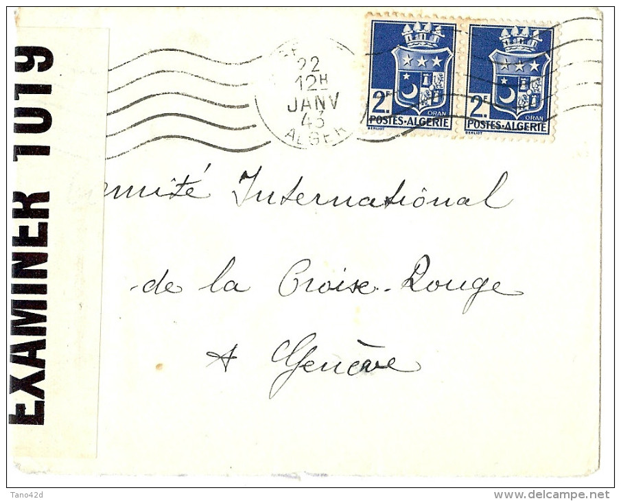 LACCH2 - ALGERIE LETTRE DE 1943 A DESTINATION DE LA CROIX ROUGE INTERNATIONALE A GENEVE - CENSURE - Storia Postale