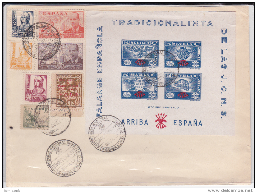 1937 - VIGNETTE ET BLOC De PROPAGANDE Des PHALANGES Sur ENVELOPPE Avec CACHET COMMEMORATIF De SEVILLA - Nationalistische Uitgaves