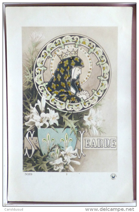 Cpa LITHO Art Nouveau Illustrateur Azambre ?  Femme Fete Jeanne Medaillon Dragons Chardon Lys Paillettes Dorure+- 1910 - Nomi