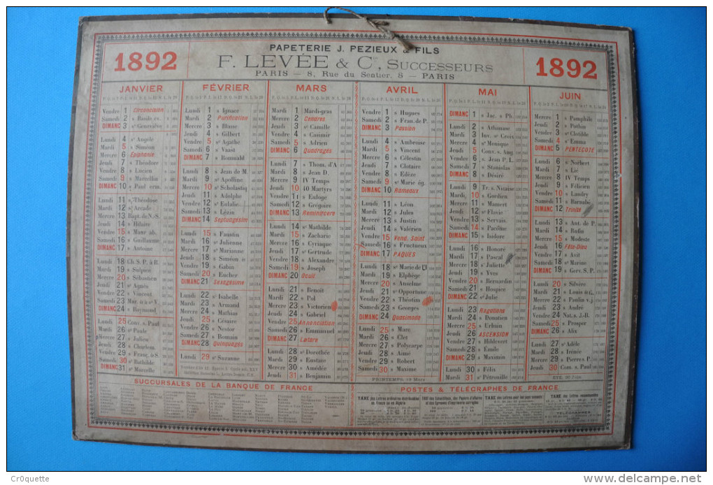 CALENDRIER 1892  PAPETERIE F. LEVEE 75000 PARIS - Grossformat : ...-1900