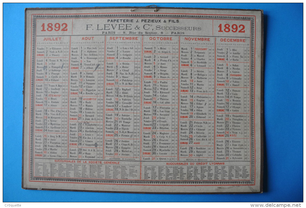 CALENDRIER 1892  PAPETERIE F. LEVEE 75000 PARIS - Tamaño Grande : ...-1900