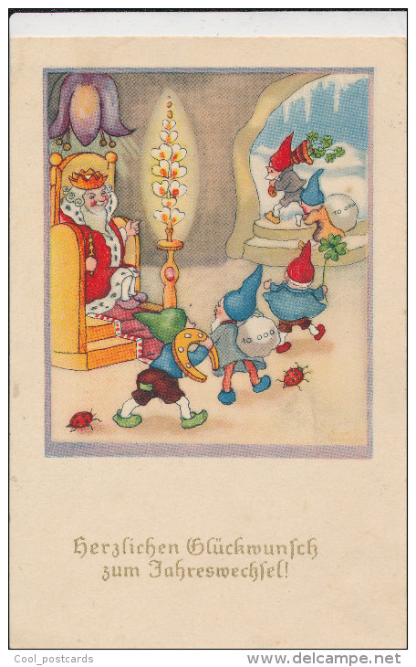 BAUMGARTEN, CHRISTMAS ELF, GNOMES, ELVES WITH MONEY BAGS, LADY BIRDS, KING, EX Cond. PC, Used,  1942, UNSIGNED - Baumgarten, F.