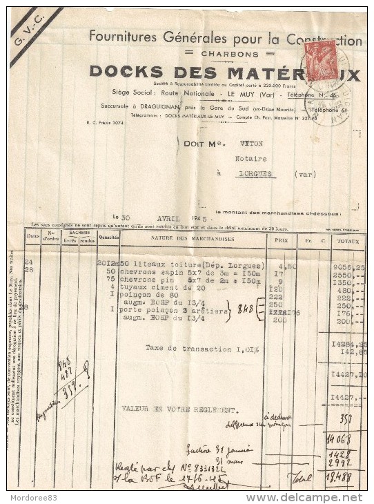 IRIS 1F50 SUR FACTURE DOCKS DES MATERIAUX CAD DRAGUIGNAN 16/6/45 POUR LORGUES - 1939-44 Iris