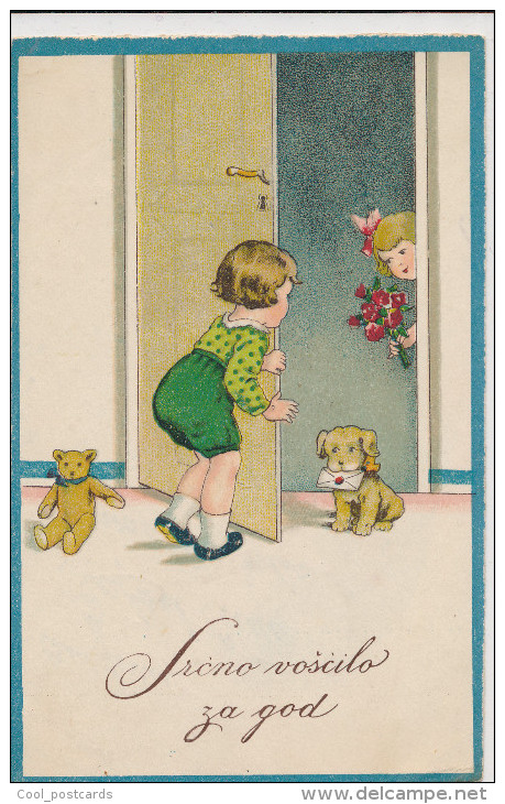 BAUMGARTEN, CHILDREN, BIRTHDAY, LITTLE BOY & GIRL, PUPPY DOG, TEDDY BEAR, EX Cond. PC, Used,  1929, UNSIGNED - Baumgarten, F.