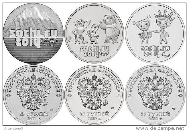 SET 25 Rubles X 3psc Sochi 2014 (Talismans, Mountains, Luchik&Snejinka) UNC - Other - Europe