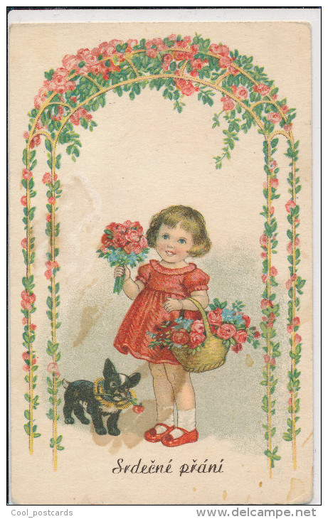 BAUMGARTEN, CHILDREN, BIRTHDAY, LITLE GIRL WITH FLOWERS & FRENCH BULLDOG, VF Cond. PC, Unused,  1930s, UNSIGNED - Baumgarten, F.