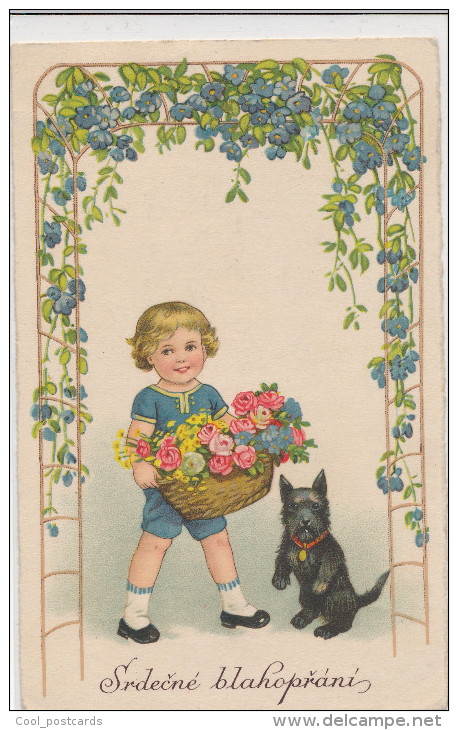 BAUMGARTEN, CHILDREN, BIRTHDAY, LITLE BOY WITH FLOWERS & TERRIER DOG, EX Cond. PC, Unused,  1941, UNSIGNED - Baumgarten, F.