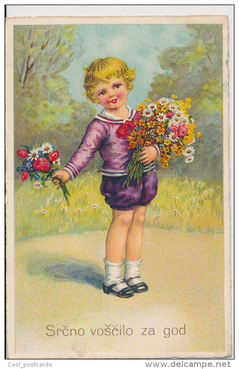 BAUMGARTEN, CHILDREN, BIRTHDAY, LITLE BOY  WITH FLOWERS, Near EX Cond. PC, Used,  1934, UNSIGNED - Baumgarten, F.