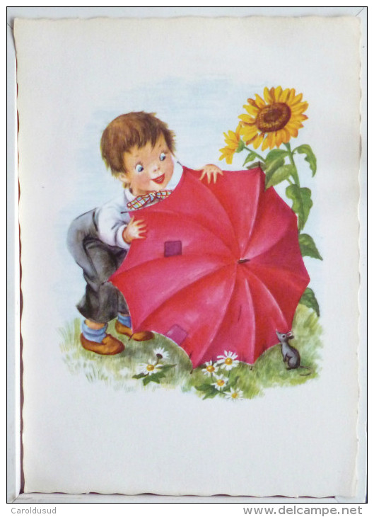 Cp Litho Illustrateur KRUGER Enfant Garcon Caché Derriere Gros Parapluie Rouge Peur De Souris Fleur De Tournesol - Humorous Cards