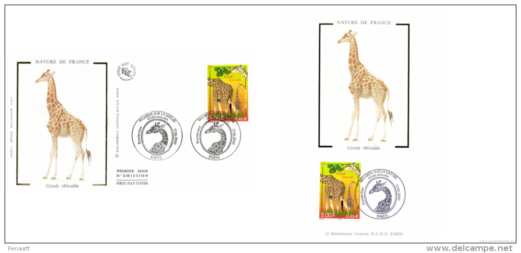 France 2000 YT 3333 Mi. 3474 FDC And MC CM Maximum Card Silk Illustration, Giraffe Girafe Giraf - Giraffe