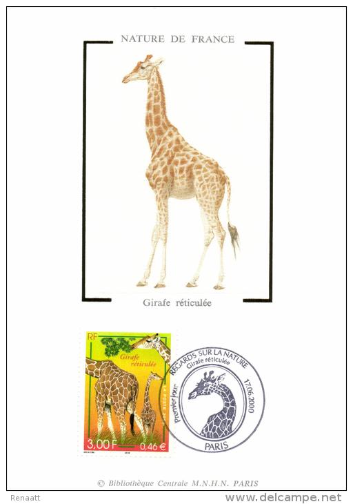 France 2000 YT 3333 Mi. 3474 FDC And MC CM Maximum Card Silk Illustration, Giraffe Girafe Giraf - Giraffe